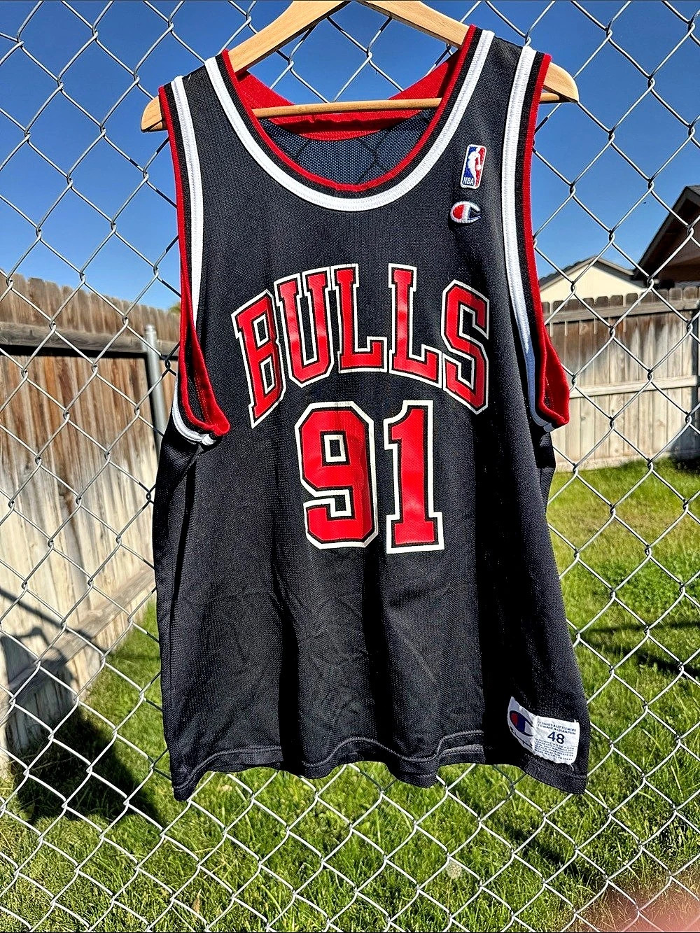 Vintage Champion Dennis Rodman Chicago Bulls #91 jersey Black & Red Size 48